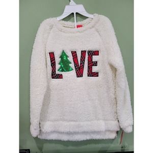 NEW Joyland Women's Ivory Plaid LOVE Green Sequin Christmas Tree sherpa top